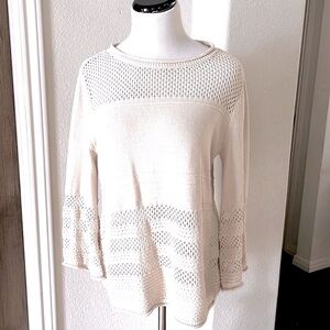 Loft Ann Taylor Womens Creme Crochet Cotton Open Knit Sweater Medium